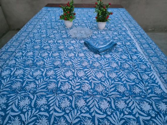 Indigo Blue Tablecloth, Flower Design, Hand Block Printed, Home Stead Table Cloths, Cotton With N... | Etsy (US)