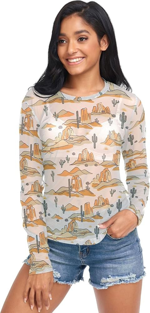 Retro Western Cactus Desert Women's Sexy Mesh Top Sexy Long Sleeves See Through Shirts Beachwear ... | Amazon (US)