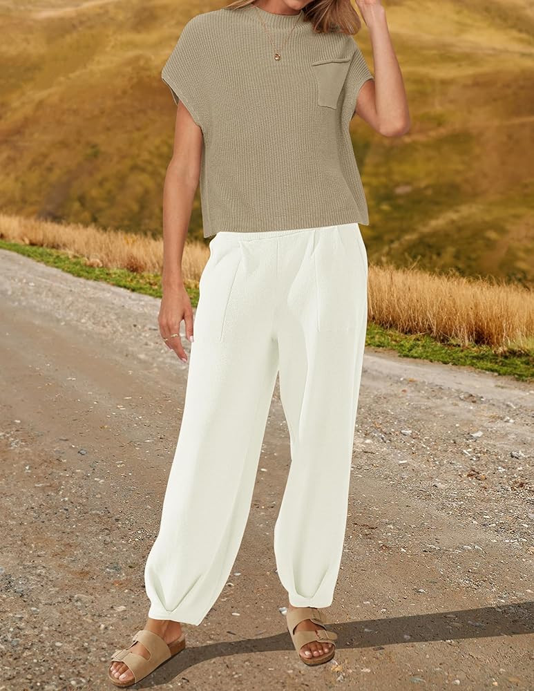 ZESICA Women's 2 Piece Outfits Sweater Set Short Sleeve Mock Neck Knit Pullover Top High Waist Pant  | Amazon (US)