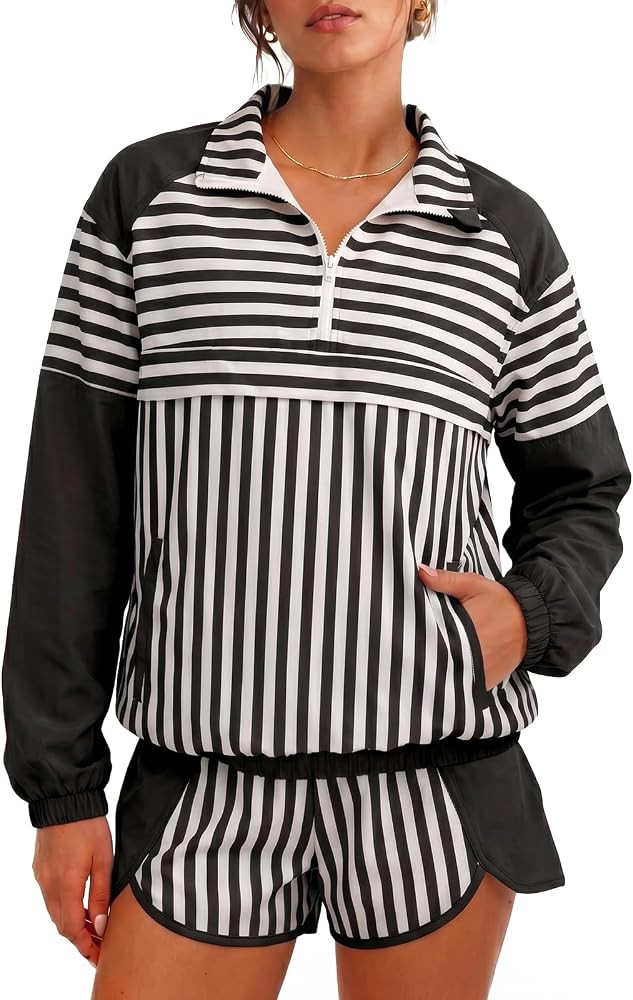 Fisoew Striped 2 Piece Sets for Women Tennis Athletic Short Set Fall Outfit | Amazon (US)