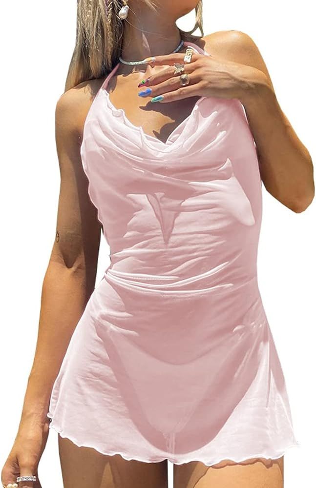 Women Sexy Mesh See-Thru Swimsuit Cover-Up Dress Halter Backless Ruffled Beach Sundress | Amazon (US)