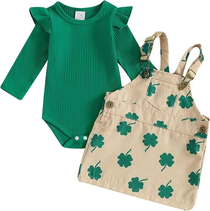 Karuedoo Newborn Baby Girl St Patricks Day Outfit Long Sleeve Romper Clover Corduroy Overall Dres... | Amazon (US)