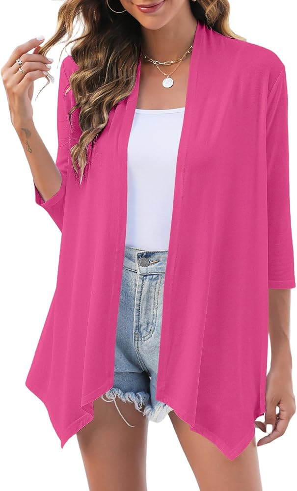 Uvog Women's 3/4 Sleeve Draped Open Front Cardigan Casual Loose Lightweight Cardigans | Amazon (US)