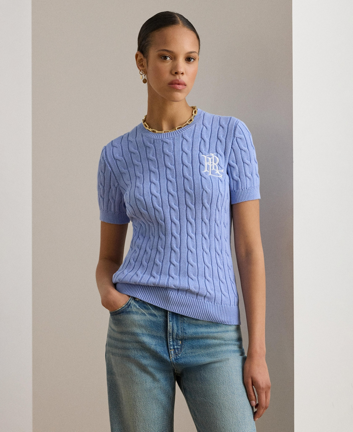 Lauren Ralph Lauren Women's Cable-Knit Short-Sleeve Embroidered Sweater - Banker Blue | Macy's