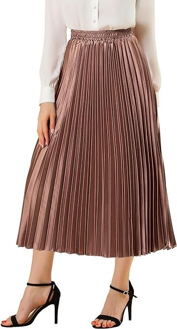 Allegra K Women's Elastic Waist Party Metallic Shiny Accordion Pleated Midi Skirt | Amazon (US)