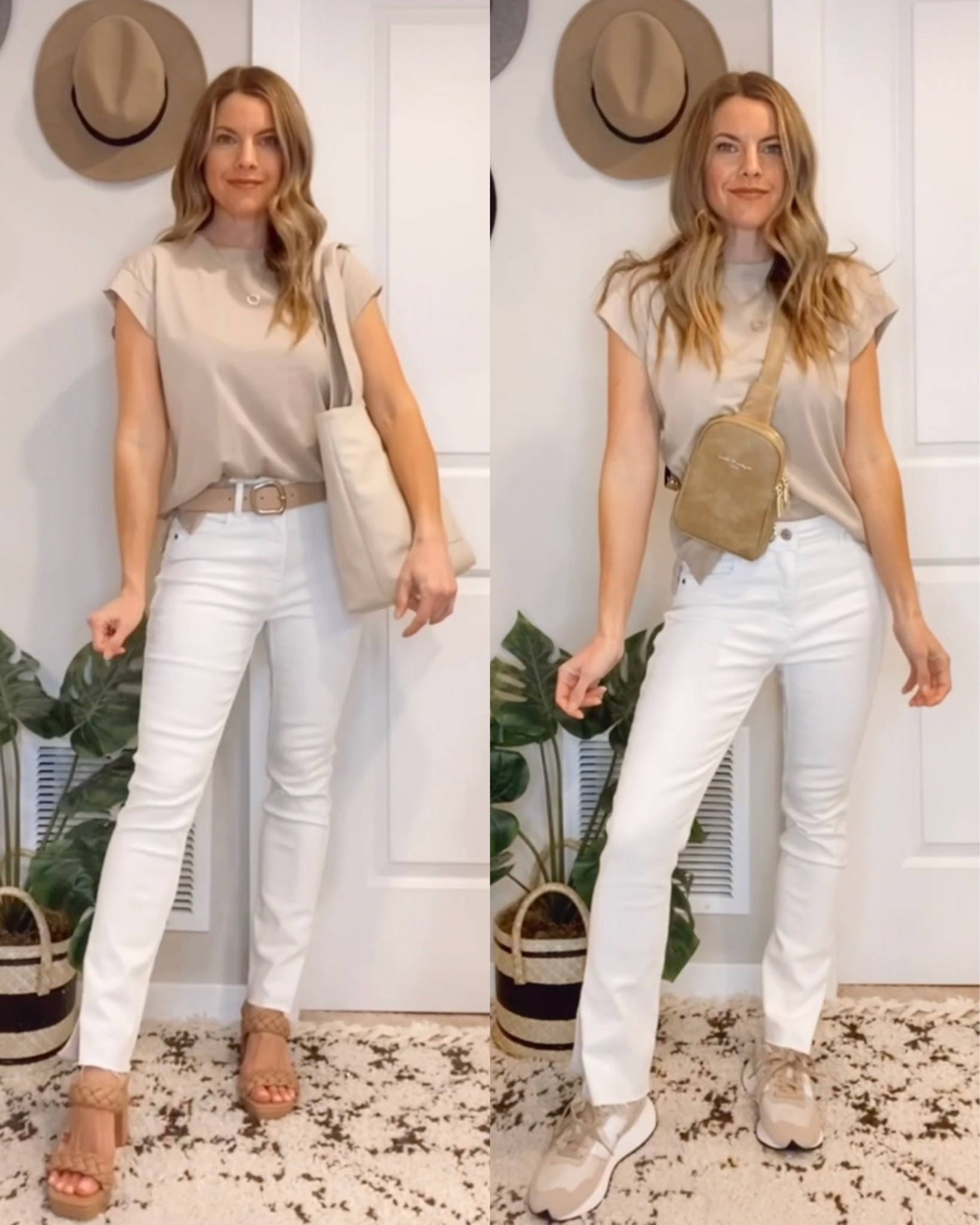 Target basic tee styled a few ways
With white split-hem jeans
Braided Strap Heeled Sandals
Neutral Tote Bag
New Balance Tan + White Sneakers
Khaki Faux Leather Crossbody Belt Bag
#hocautumn Lizard Grey

#LTKunder50 #LTKunder100 #LTKstyletip