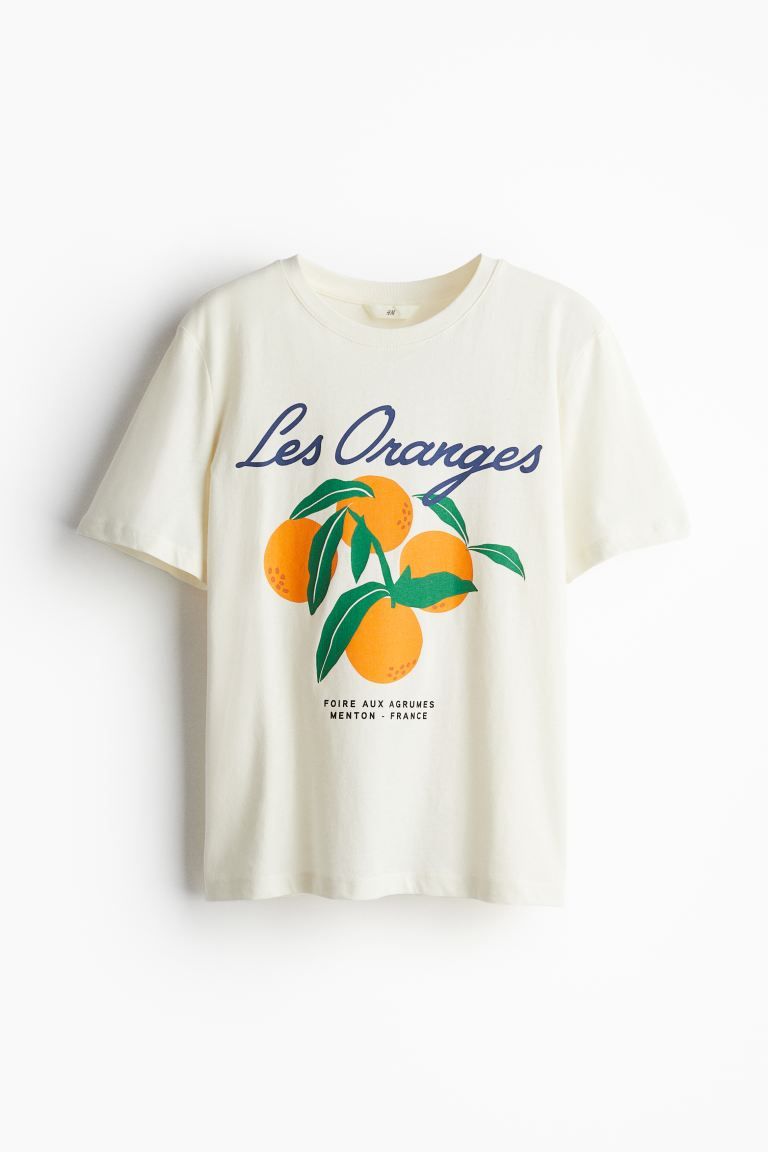 Printed T-shirt - Round neck - Short sleeve - Cream/Oranges - Ladies | H&M GB | H&M (UK, MY, IN, SG, PH, TW, HK)