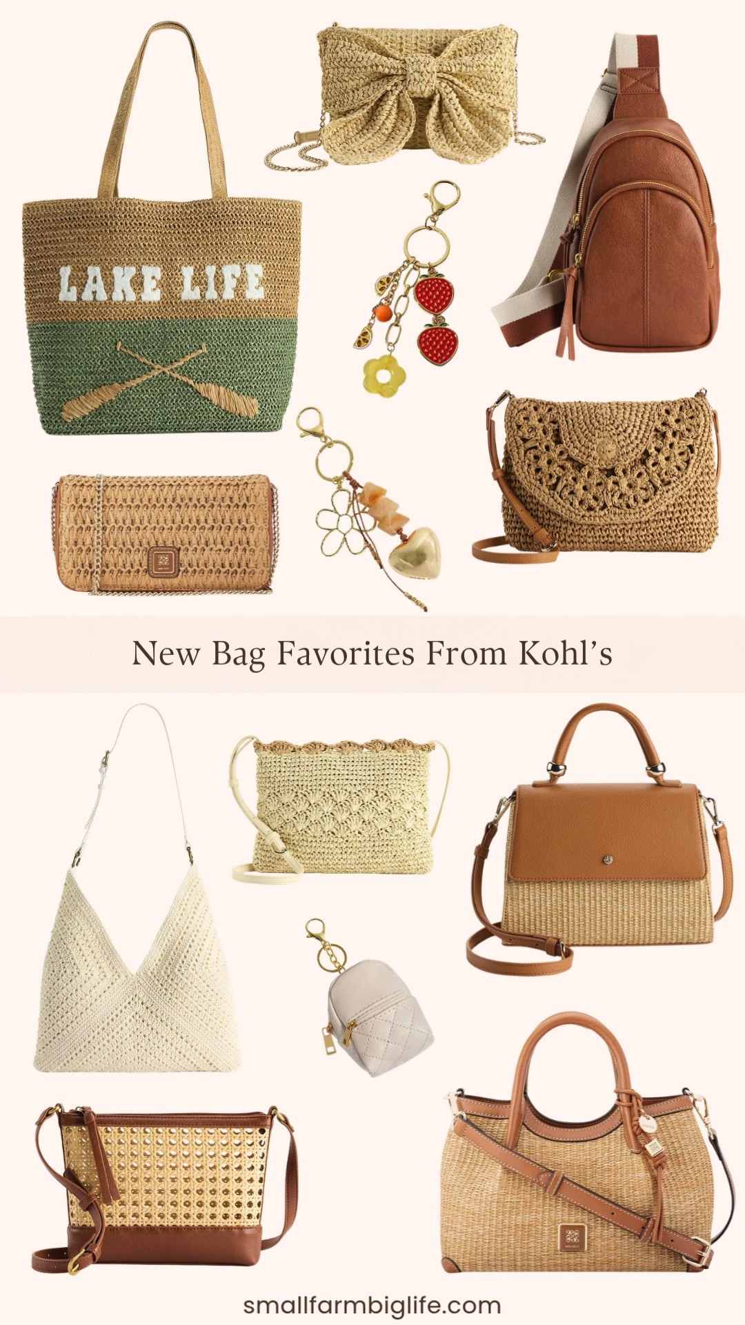 New bag favorites from Kohl's and this round up has so many good ones for spring and summer 👜✨ Emberly flower marble simulated stone heart bag charm, an Emberly gold tone lemon strawberry flower bag charm, a cream Emberly quilted mini backpack bag charm, a brown Sonoma Goods For Life Acosta sling bag, a natural woven LC Lauren Conrad daisy crochet crossbody bag, a natural LC Lauren Conrad Kehlani straw bow clutch, a cream Sonoma Goods For Life Teagan crochet hobo bag, a brown LC Lauren Conrad Dion top handle crossbody bag, a cream LC Lauren Conrad Seeley scallop edge crochet crossbody bag, a natural and green lake life Sonoma Goods For Life straw verbiage tote bag, a natural woven Nine West Sullivin small satchel, a natural woven Nine West Denzielle convertible shoulder bag, a natural woven Nine West Nefi chain phone clutch crossbody, and a brown Sonoma Goods For Life Campbell caning top zip crossbody bag. The crochet and woven styles in this round up are so perfect for spring and summer and the bag charms are such a fun way to personalize any bag you already own. Kohl's is seriously delivering on accessories right now and the prices make it so easy to add a few new pieces to your collection this season. Everything is linked! 🛒 

 #LTKootd #LTKOver40 #LTKTravel