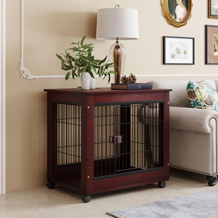 Atotoa Furniture Style Dog Crate End Table Double Doors Wooden Wire Dog Kennel with Pet Bed Medium a | Walmart (US)