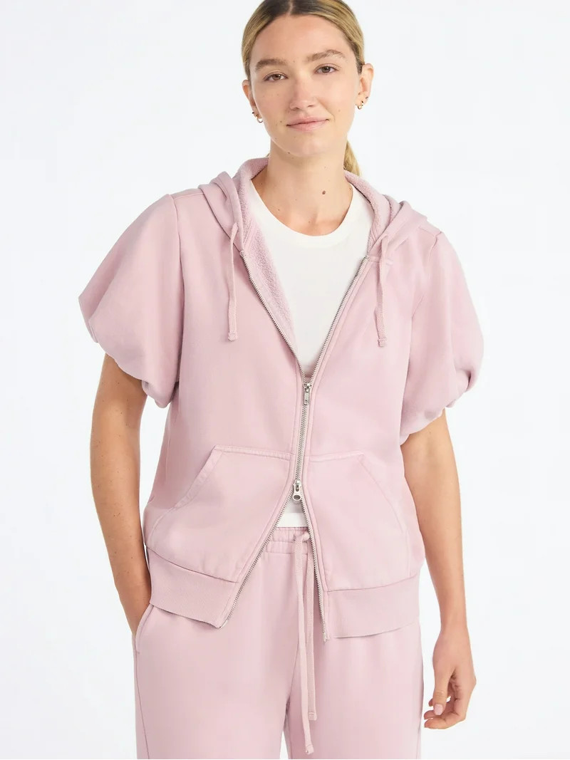 Scoop Women’s Mineral Washed Zip Hoodie with Short Puff Sleeves, Sizes XS-XXL | Walmart (US)