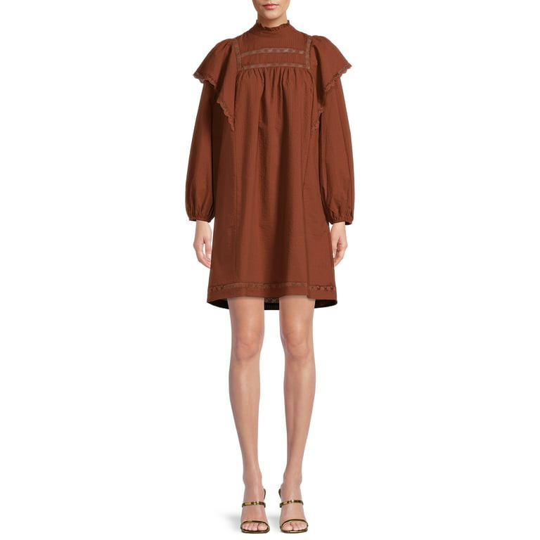 The Get Women's Lace Trim Mini Dress with Long Sleeves - Walmart.com | Walmart (US)
