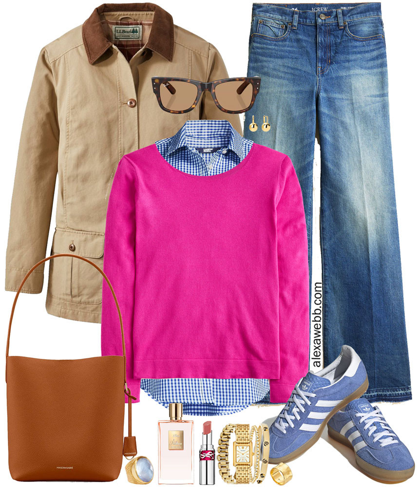 Plus Size Pink Sweater Preppy Outfits - A plus size casual outfit with a plus size bright pink sweater layered over a blue gingham shirt, wide leg jeans, blue adidas sneakers, and an on-trend barn jacket. A cute, preppy, and bright plus size outfit for casual days this winter into spring. Alexa Webb 

 #LTKOver40 #LTKMidsize #LTKPlusSize