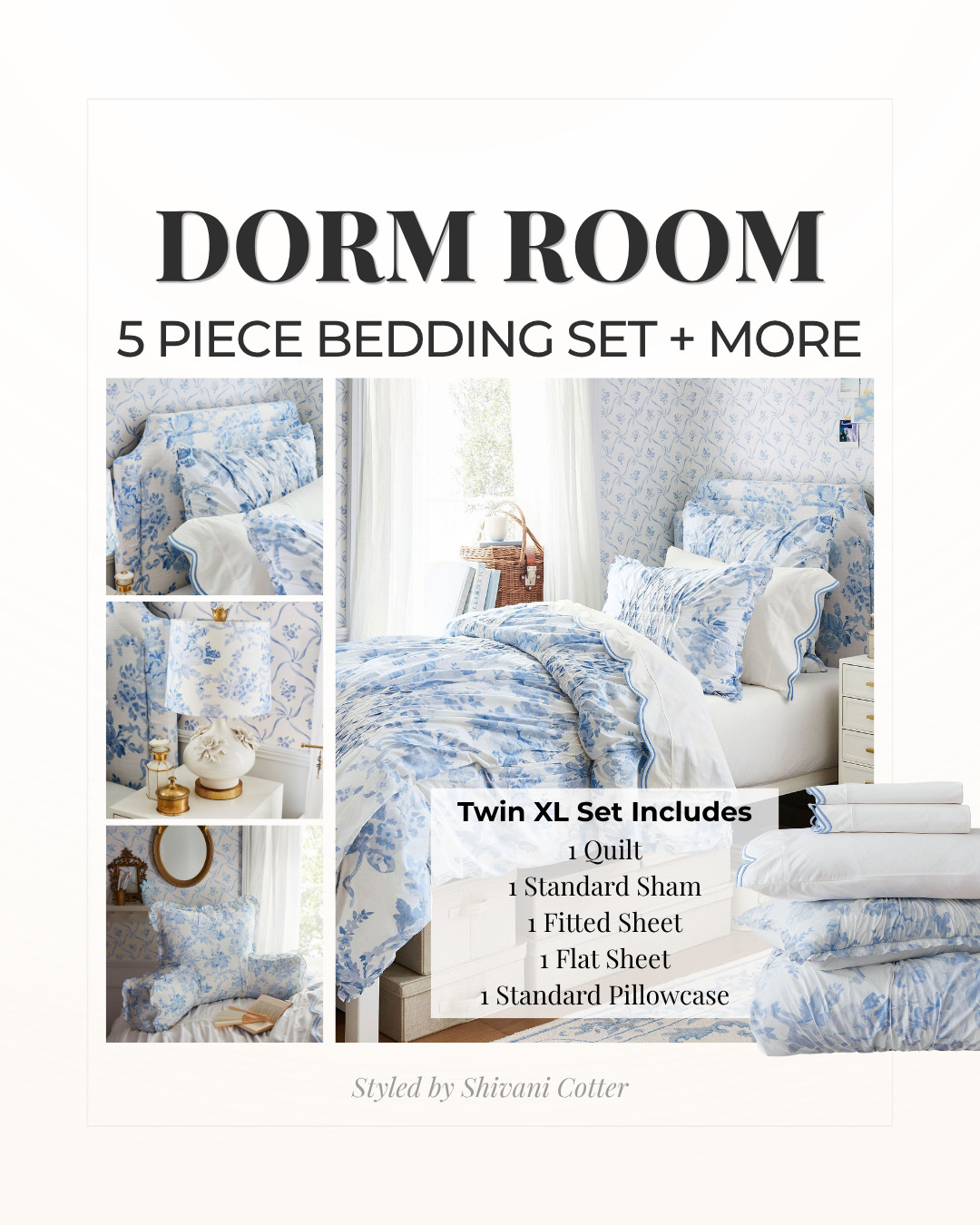 This soft blue and white dorm room collection is a best seller, and we love it! It's a classic, feminine, grandmillennial look, without feeling too grown up. 
It's a dorm designer's dream.
Mixing and matching patterns and textures, give dorm rooms a cozy and finished look. Luckily, this decor offers a ton of pieces to do that with. Pick your favorites from this collection to create an ideal space that looks totally put together! 

 #dormdecor #dormroom #loveshackfancy #sororitystyle #LTKHome