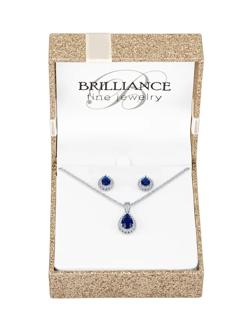Ladies Brilliance Fine Jewelry Sterling Silver Plated Simulated Sapphire & CZ Pendant & Earring S... | Walmart (US)