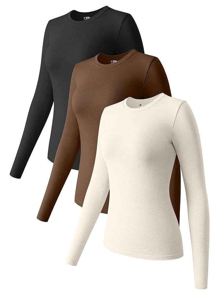 OQQ Womens 3 Piece Long Sleeve Tops Crew Neck Stretch Fitted Underscrubs Layer Tee Shirts 2025 Ca... | Amazon (US)