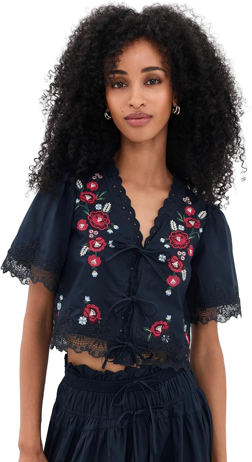 MOON RIVER Women's Embroidered Floral Tie Front Blouse | Amazon (US)