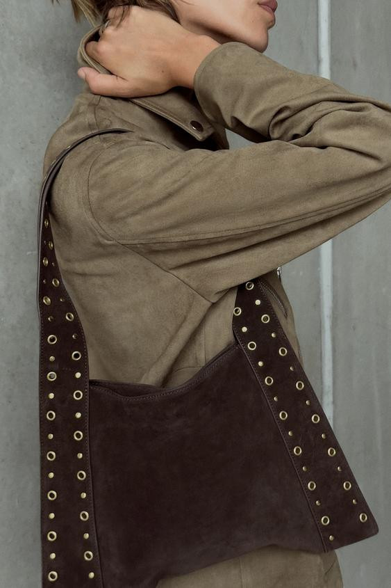 SUEDE STUDDED SHOULDER BAG | Zara US