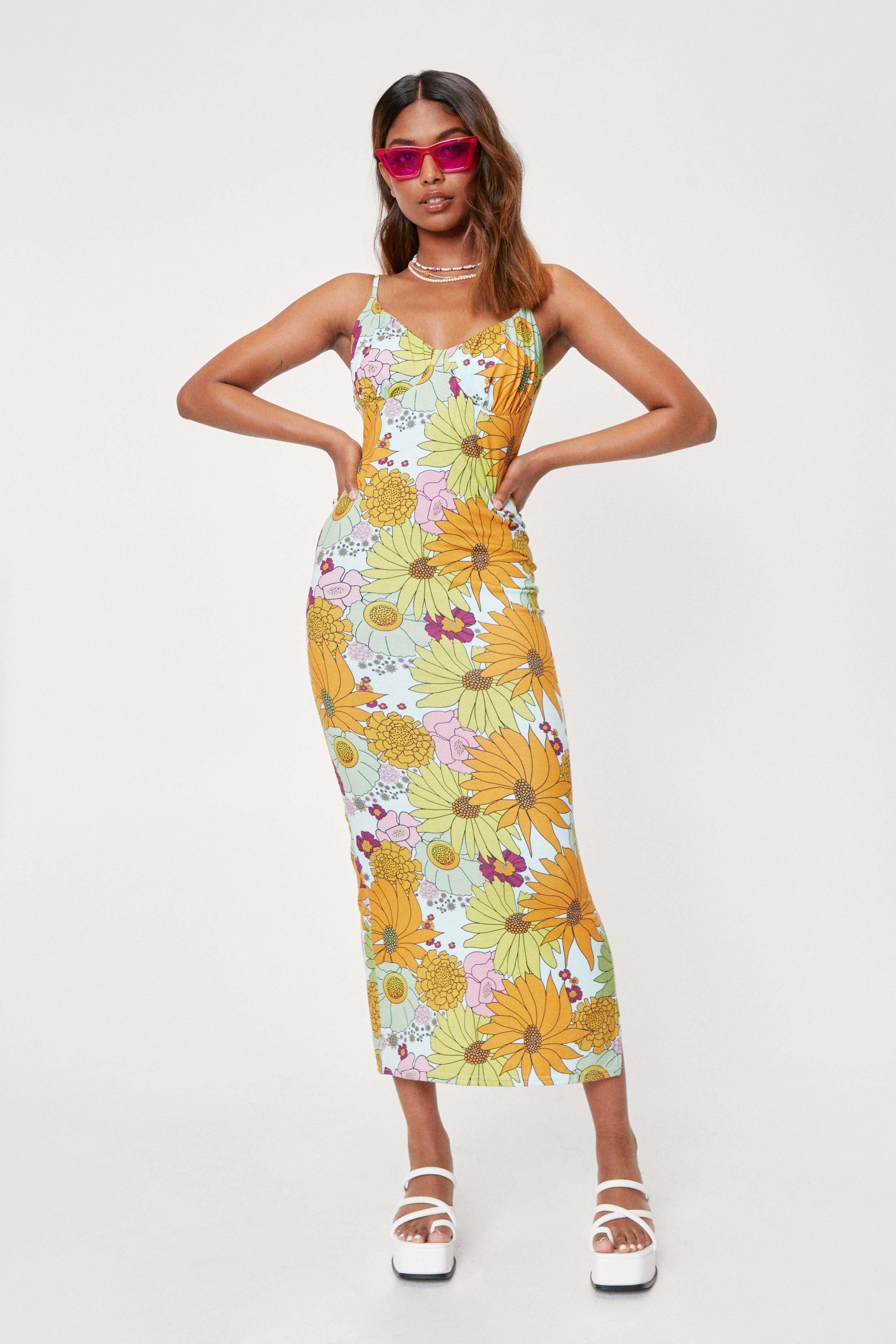 Retro Floral Print Strappy Midi Dress | Nasty Gal (US)