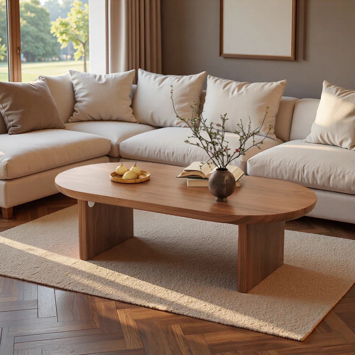 47"modern Oval Coffee Table, Low Profile Wood Coffee Table With Thick Pedestal Base, Mdf With Woo... | Wayfair North America