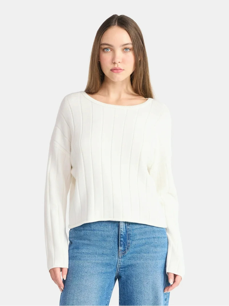 No Boundaries Wide Ribbed Scoop Neck Sweater, Midweight, Women's - Walmart.com | Walmart (US)