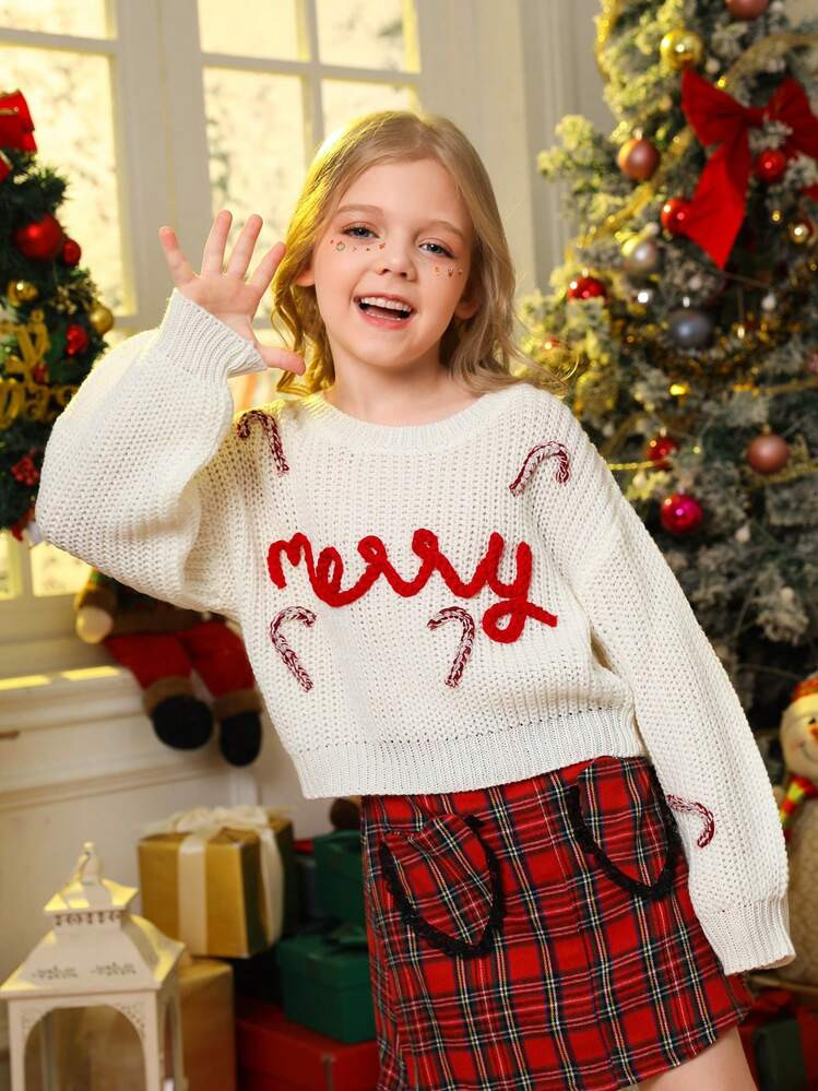 Young Girl Sweet Soft & Fluffy Splice Letter Solid Color Sweater Pullover Short Crew Neck Long Sl... | SHEIN