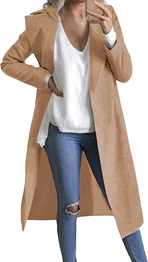Auxo Women Trench Coat Long Sleeve Pea Coat Lapel Open Front Long Jacket Overcoat Outwear Cardigan | Amazon (US)