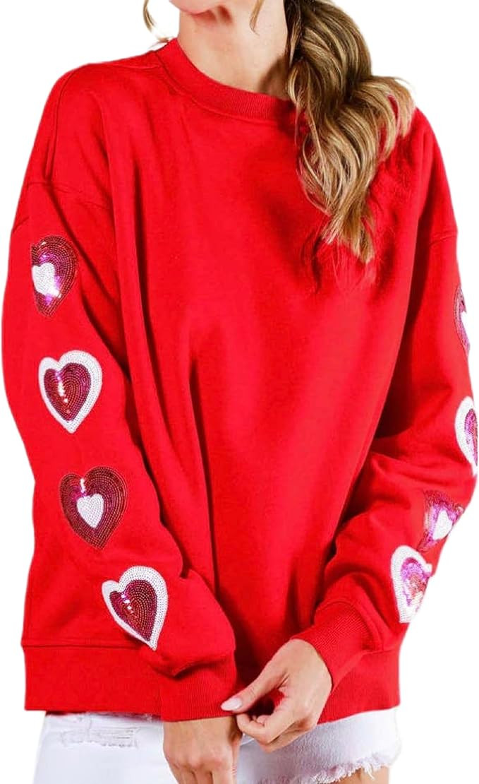 KMBANGI Women Heart Print Sweatshirt Romantic Oversized Sweater Valentine's Day Love Graphic Long... | Amazon (US)