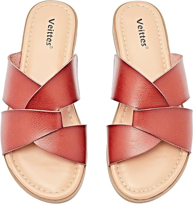 Veittes Women's Flat Slide Sandals - Comfort Casual Criss Cross Flat Summer Shoes. | Amazon (US)