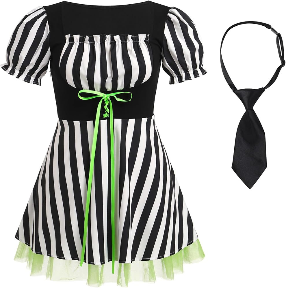 IMEKIS Women Black and White Striped Dress with Necktie Halloween Costume Lace Up Tulle Gothic Dr... | Amazon (US)