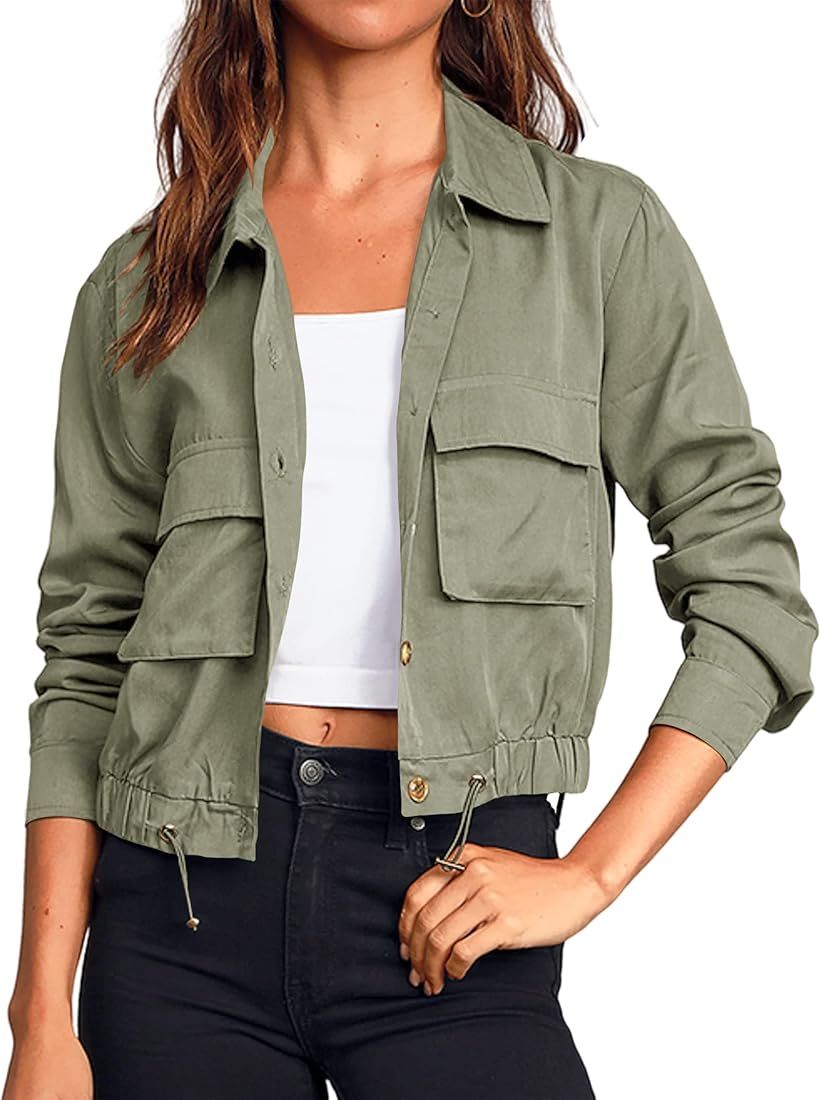 Women's Military Safari Cropped Jackets Button Down Lightweight Oversized Utility Anorak Coat wit... | Amazon (US)