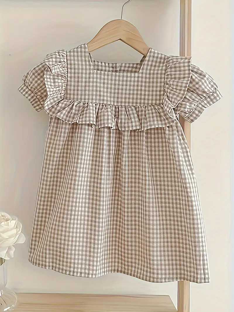 Cotton Girls Sweet Plaid Dress Short Sleeves Dresses Kids Clothes For Summer Gift Party | Temu Affiliate Program