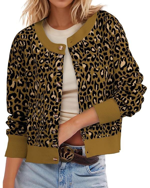 Leopard Cardigan Open Front Button Up Sweaters for Women Long Sleeve Shrug Cheetah Print Top Crop... | Amazon (US)