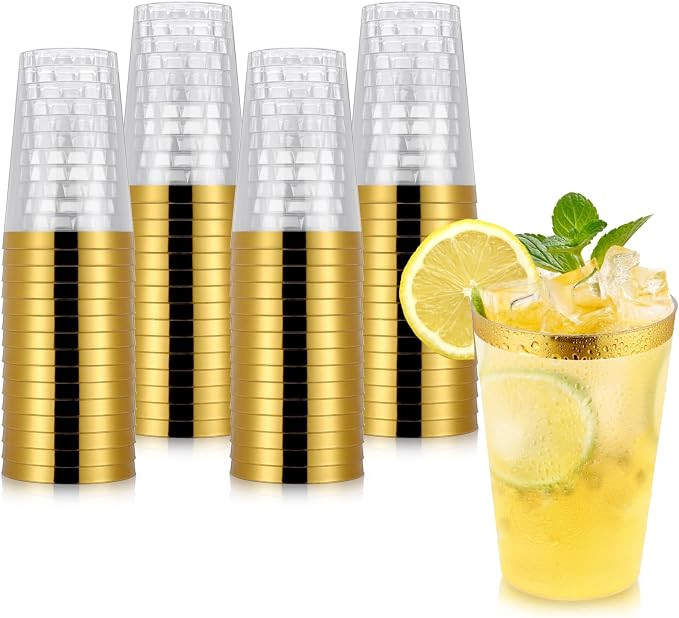 Hejo 60PCS Gold Rimmed Plastic Cups, 360 ml-12oz Plastic Glasses, Plastic Wine Glasses Reusable f... | Amazon (UK)