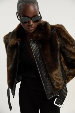 Faux Fur PU Panelled Belted Cropped Jacket | Karen Millen UK + IE + DE + NL