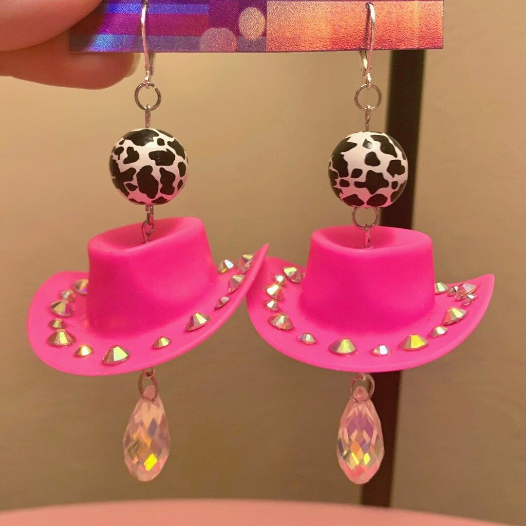 Pink Cowgirl Hat Earrings - Handmade Rhinestone Cowboy Hat Earrings - Fun Unique Bachelorette Par... | Etsy (US)