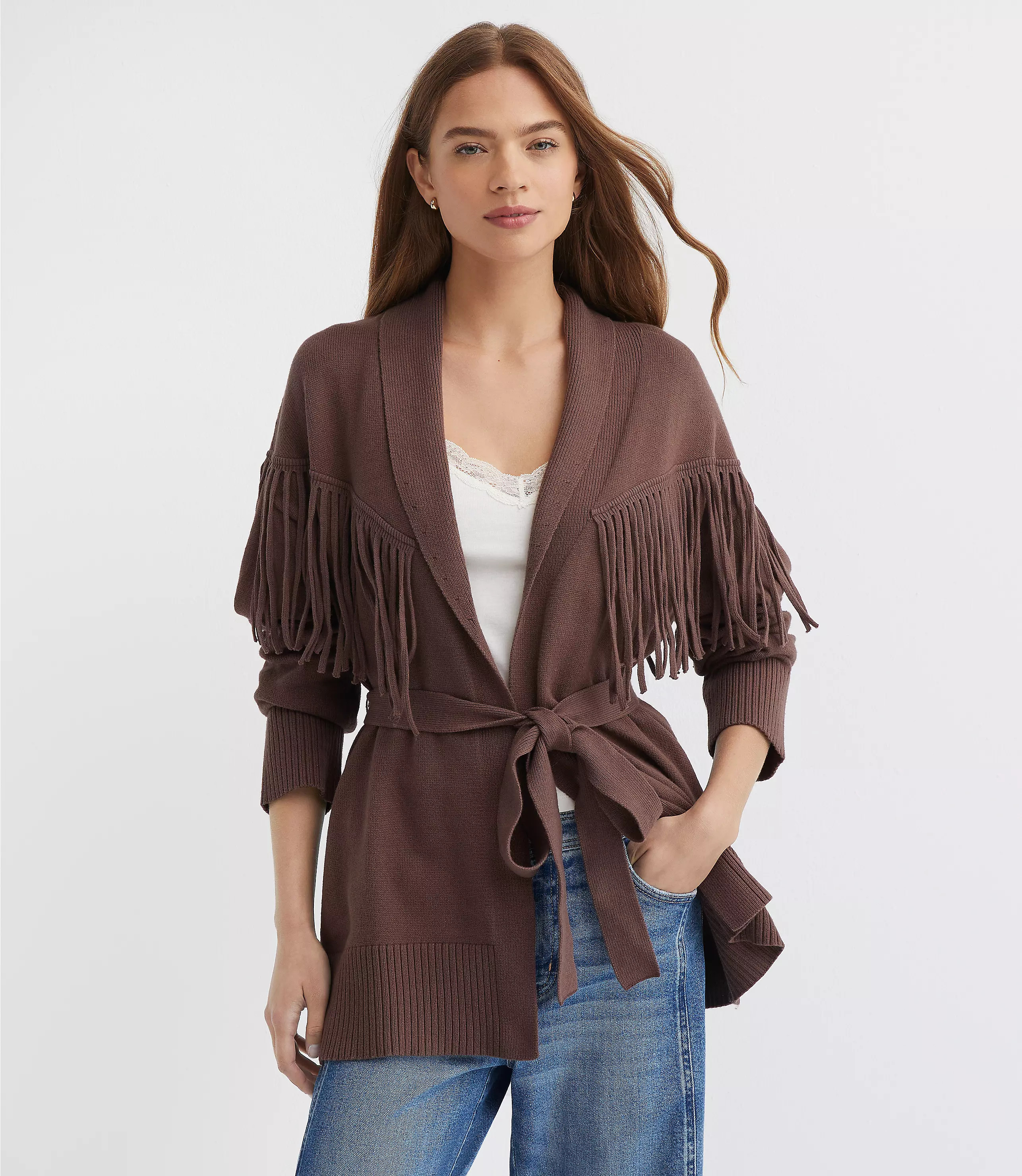 Fringe Belted Cardigan | LOFT
