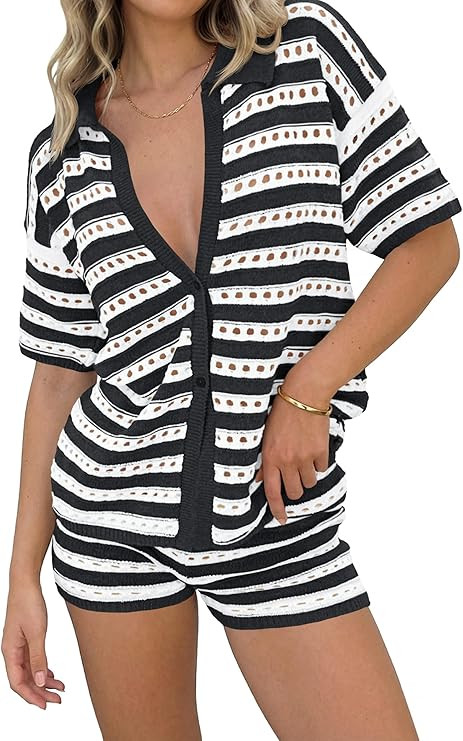 Saodimallsu Womens Crochet Swimsuit Coverup Summer 2 Piece Outfits Striped Knit Short Sleeve Butt... | Amazon (US)