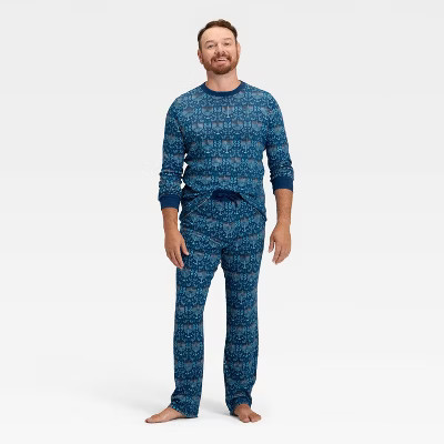 Men's Hanukkah Ribbed Long Sleeve Shirt and Pants Holiday Matching Family Pajama Set - Wondershop™ Blue S | Target