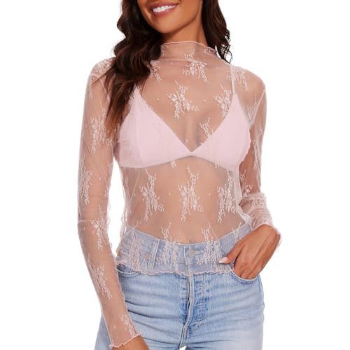 WHIPPY Womens Lace Long Sleeve Mesh Top Mock Neck Sheer Blouse Layering See Through Shirt Floral Embroidery Tops, Pink, XL | Amazon (US)