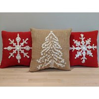 Christmas Tree Pillow Holiday Pillow, Burlap Vintage Button Throw Decor, Snowflake Pillow | Etsy (US)