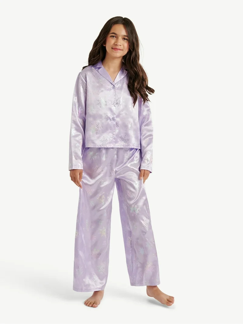 Justice Girls Long Sleeve Notch Collar Sleep Top and Sleep Pants, 2-Piece, Sizes 4-18 | Walmart (US)