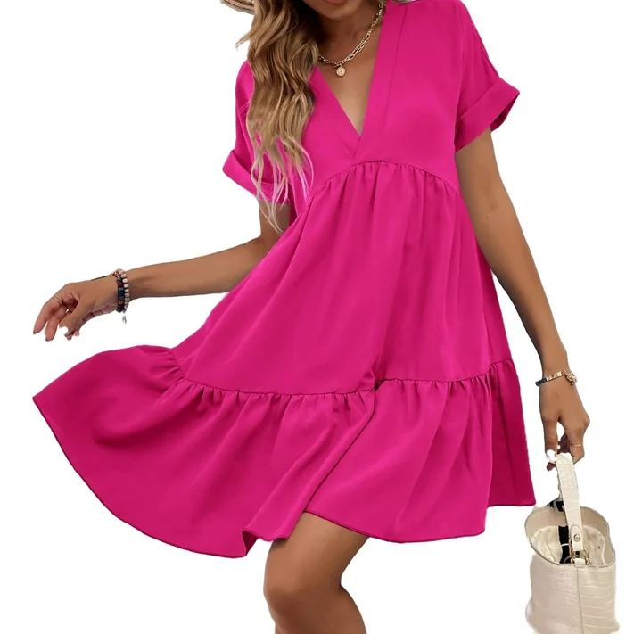 Womens Smock Dress Plain Ruffle Hem V neck Hot Pink L | Walmart (US)
