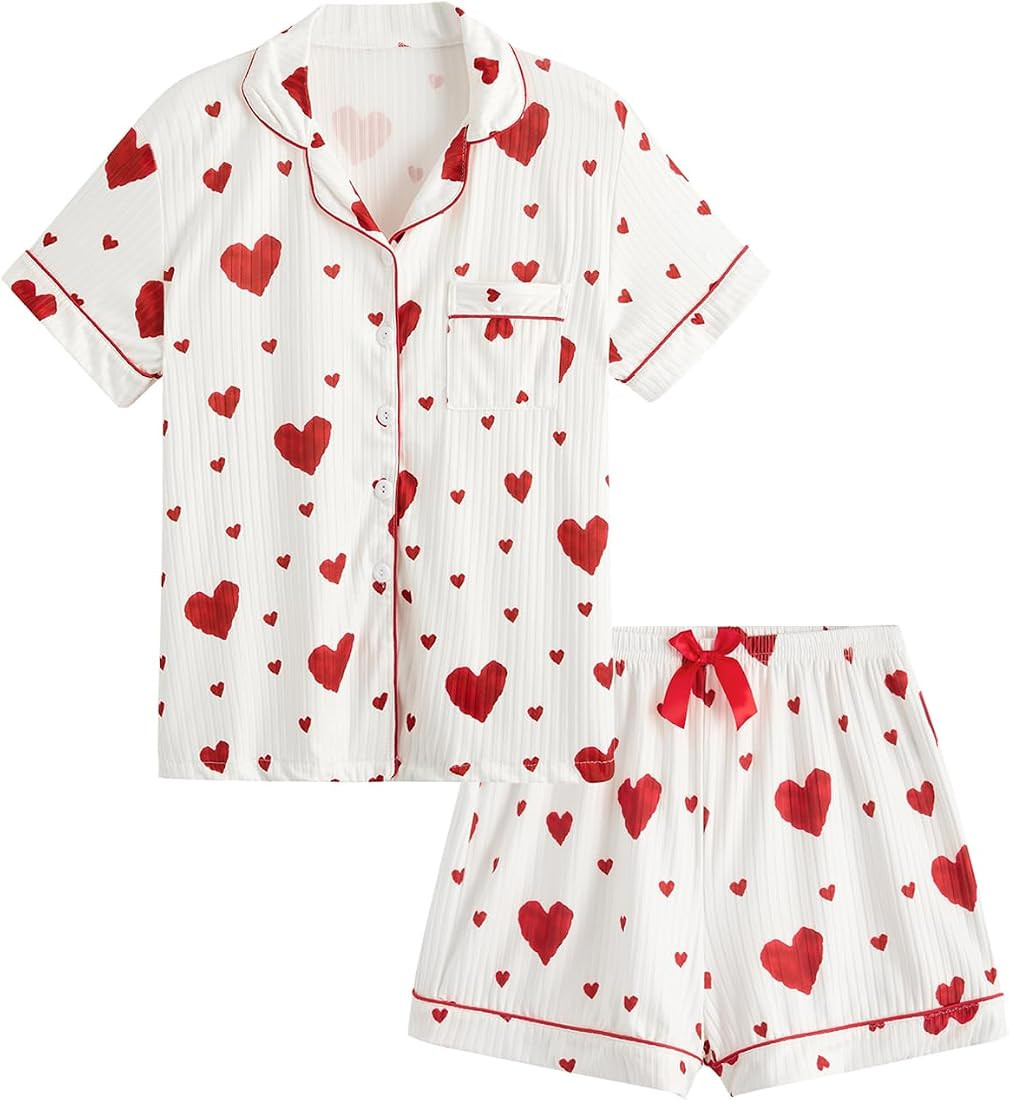 Verdusa Women's 2 Piece Heart Print Pajamas Set Button Down Top and Shorts | Amazon (US)