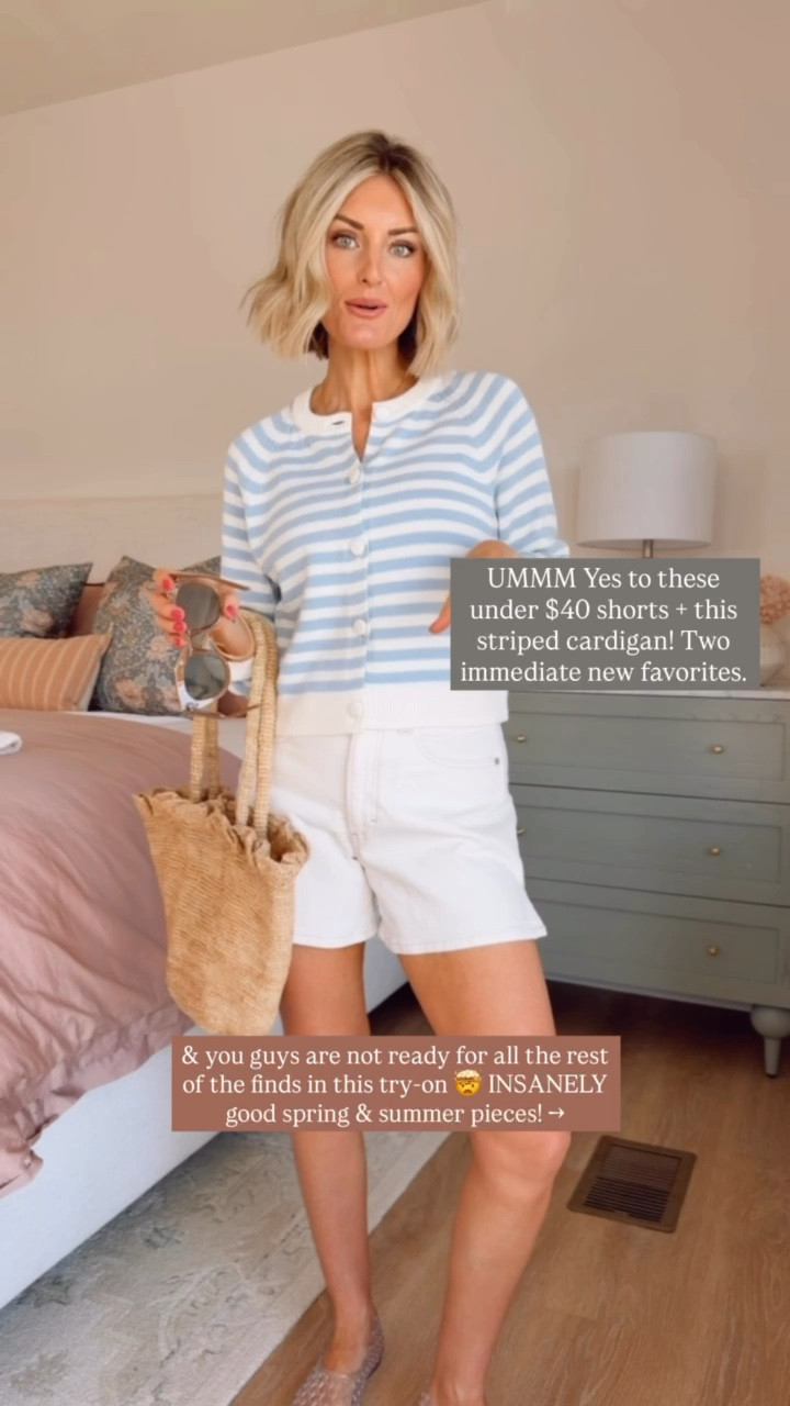 I love this adorable blue and white striped cardigan! These white denim shorts are so good and currently under $20 for target circle week 🤯 I would size up in the shorts! Wearing size s/4. 

Loverly grey, Target fashion finds, spring wardrobe staples, spring outfit ideas, capsule wardrobe pieces 

#LTKSeasonal