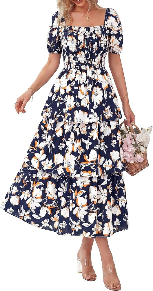 BTFBM Womens Square Neck Smocked Dress Summer Puff Short Sleeve Floral Casual Ruffle Tiered Maxi ... | Amazon (US)