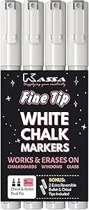 Kassa 4-Pack Fine Tip White Chalk Markers | Includes 2 3mm Reversible Bullet, Chisel Tips | Works... | Amazon (US)