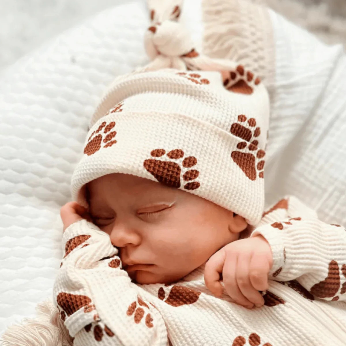 Organic Waffle Knot Beanie, Bear Paw | SpearmintLOVE