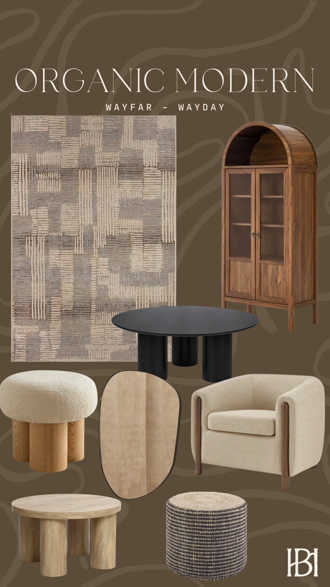 Organic modern decor, wayfair wayday finds, modern living room furniture, boucle chair, wood cabinet, black round dining table, modern neutral rug, natural textures, curved furniture, cozy modern home, modern organic design, minimalist furniture, warm neutral home, earthy decor ideas 

 #LTKHome #LTKSaleAlert