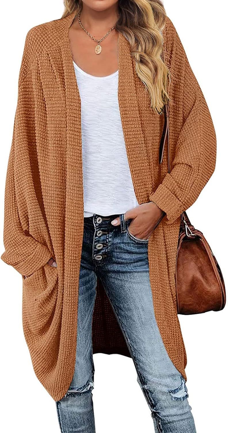 MEROKEETY Women's 2023 Fall Waffle Knit Batwing Long Sleeve Cardigan Loose Open Front Sweater Coa... | Amazon (US)