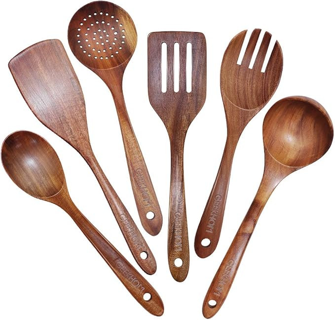 GEEKHOM Wooden Utensils Set of 6, Large Kitchen Cooking Utensil for Non Stick Cookware, Natural T... | Amazon (US)